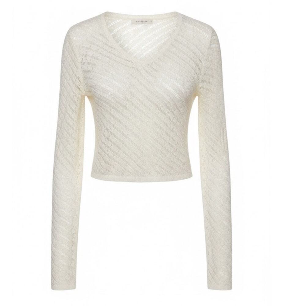 Cream Crochet Knit V Neck Long Sleeve Swim Cover Up Top Medium Vacation Beach